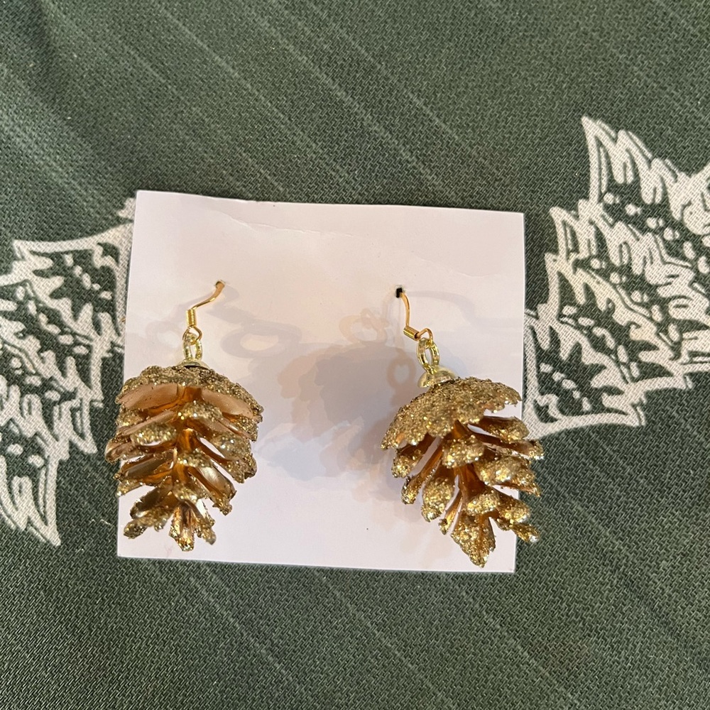 Pine Cone Gold Sparkly Earrings Christmas